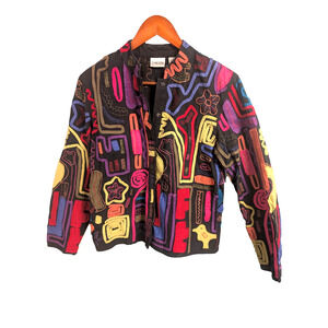 Chico's Geometric Jacket Black Multicolor Embroidered Sz 0 Boho Fun Party Wear